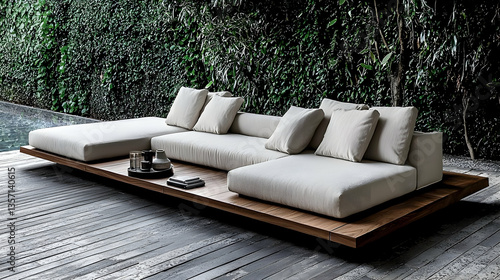 Modern outdoor sectional sofa on deck, lush greenery backdrop, poolside relaxation
