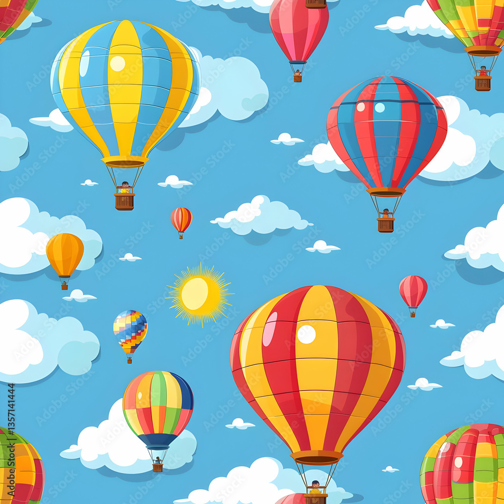 Fototapeta premium A vibrant pattern of colorful hot air balloons against a blue sky with fluffy clouds.