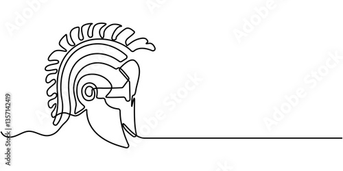 Continuous one line drawing of spartan helmet. Medieval, Roman, traditional, protection concept. Editable stroke vector, One line drawing of armour warrior helmet. One continuous line drawing. 