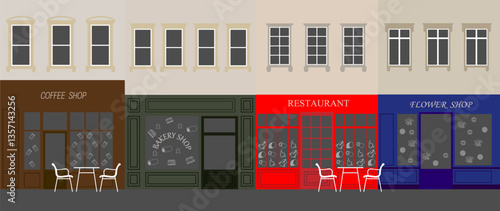 vector illustration of shop buildings. exterior shop buildings front view. coffee shop, bakery shop, restaurant, flower shop.