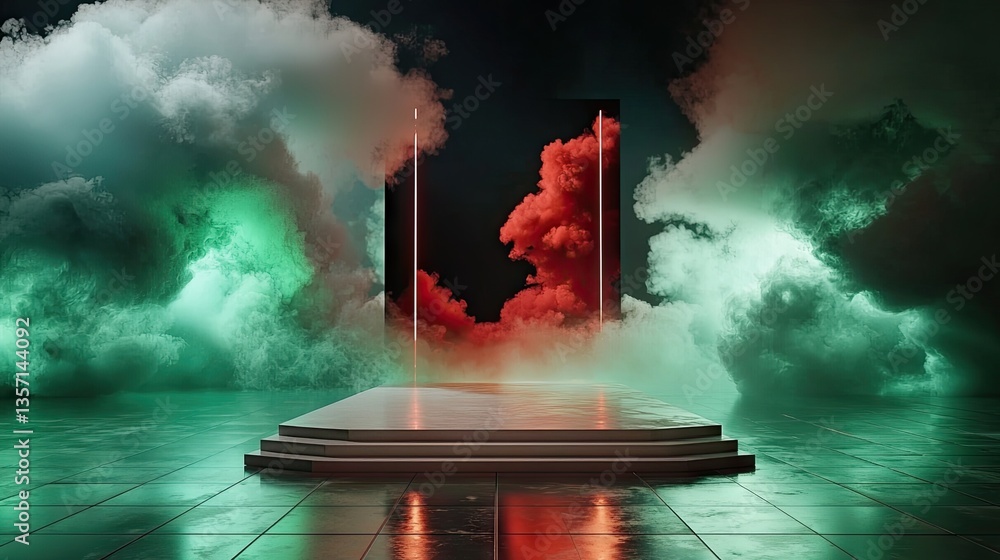 Obraz premium Horizontal neon smoke in red tones over dark scene, panoramic and fantasy-inspired