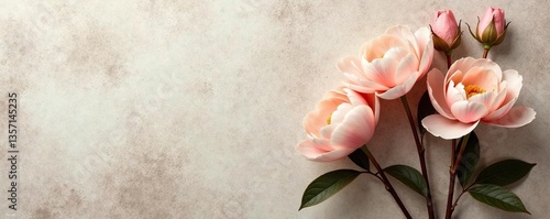 Artwork of sepia peony flowers on textured concrete wall for modern loft decor,  mural,  modern