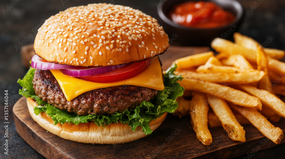 Cheeseburger with Lettuce, Tomato, Onion, and Fries on Wooden Plate Cheeseburger with Lettuce, Tomato, Onion, and Fries on Wooden Plate