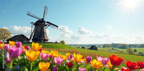 A rustic windmill surrounded by colorful spring flowers in full bloom,  picturesque,  beauty