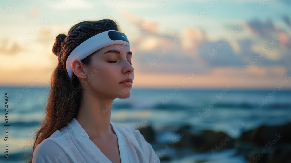 Serene Woman Meditating on Beach at Sunset with Smart Headband Serene Woman Meditating on Beach at Sunset with Smart Headband