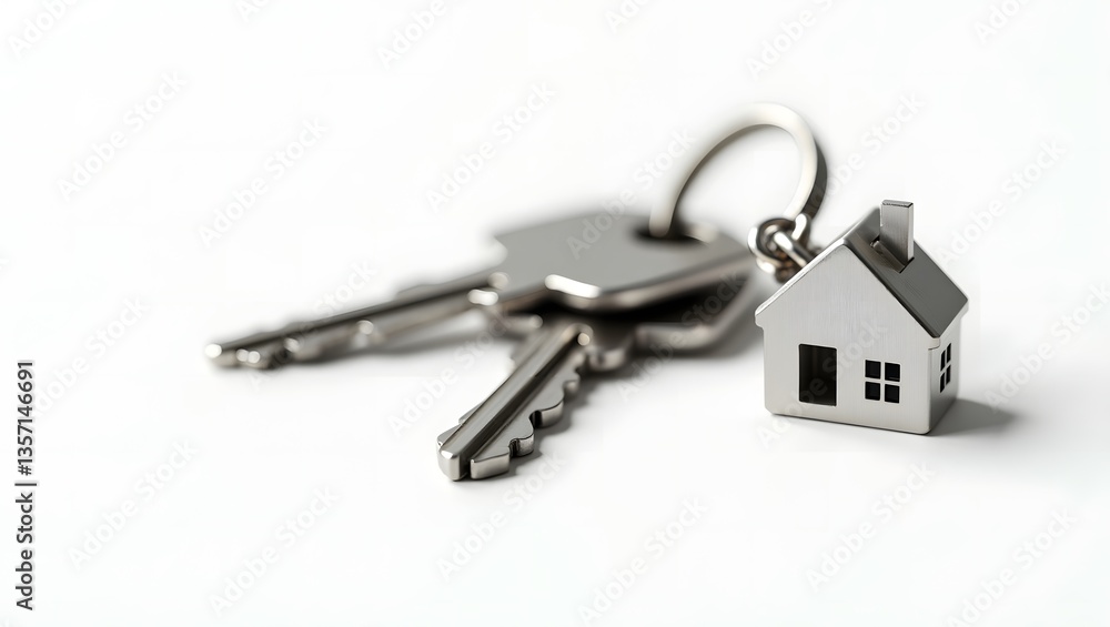 Metallic house keys on white background with red investment theme Metallic house keys on white background with red investment theme