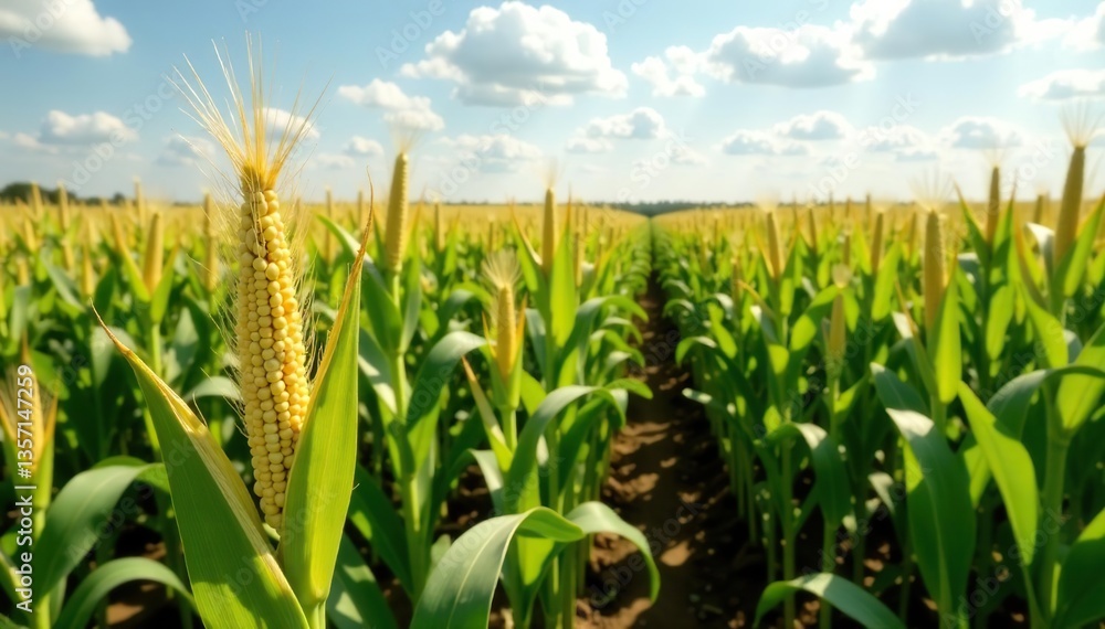 Obraz premium A scenic view of a vast cornfield in the American countryside, symbolizing agriculture and food production, panoramic view, sustainable agriculture