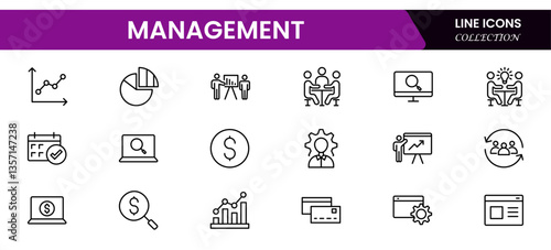 Management set of web icons inline style. Business or organization management icons for web and mobile app. Time management, planning, project, startup, marketing. Vector illustration