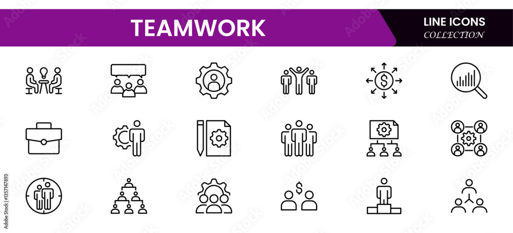 Fototapeta premium Teamwork linear icons collection. Set of coworking space icons. Business teamwork, team building, work group, and human resources minimal thin line web icon set.