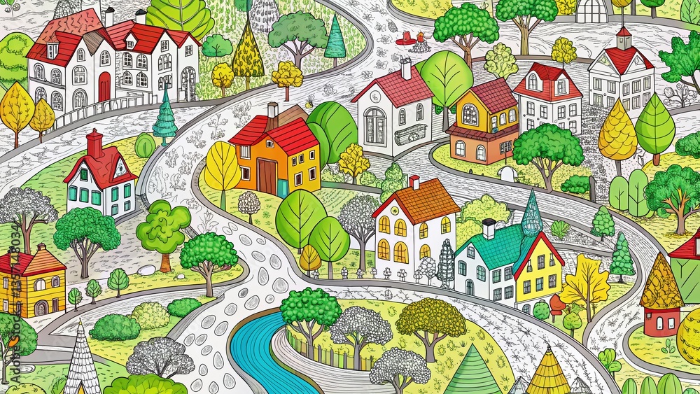 Obraz premium Aerial View Coloring Page: Charming Town, Bird's Eye Perspective, Detailed Line Art for Adults & Kids