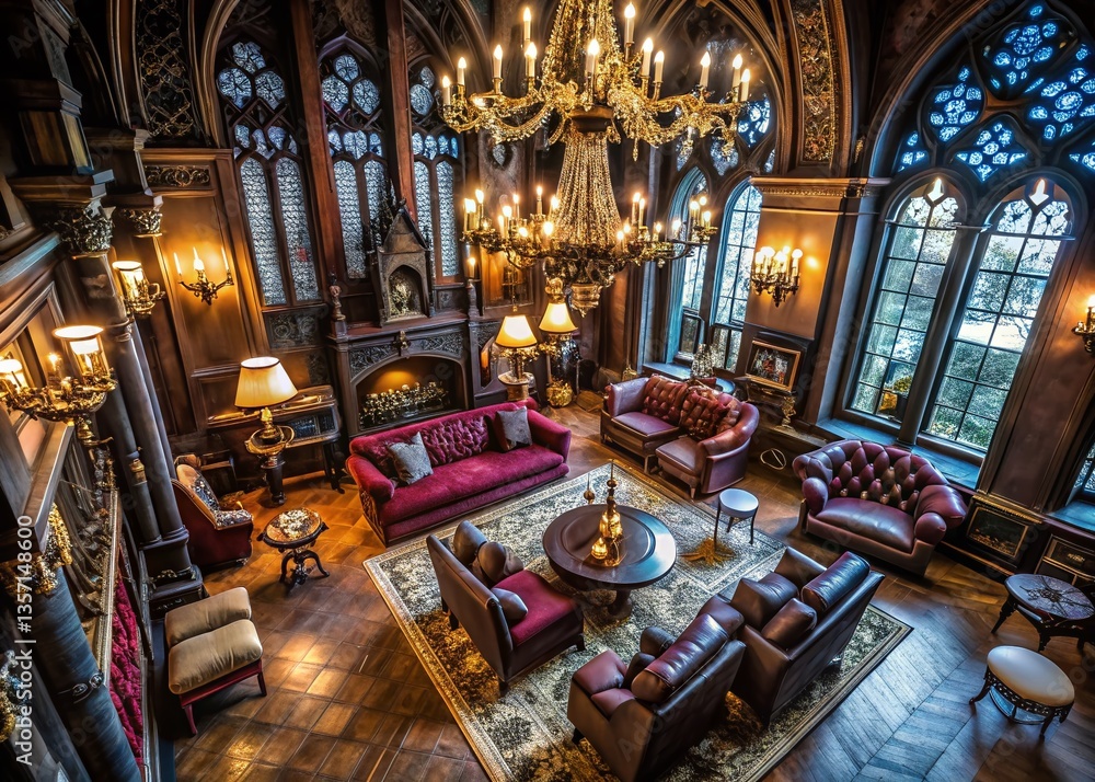 Fototapeta premium Aerial View Gothic Interior Design: Dark, Dramatic Living Room