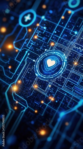 Futuristic Heart on Digital Circuitboard with Glowing Elements