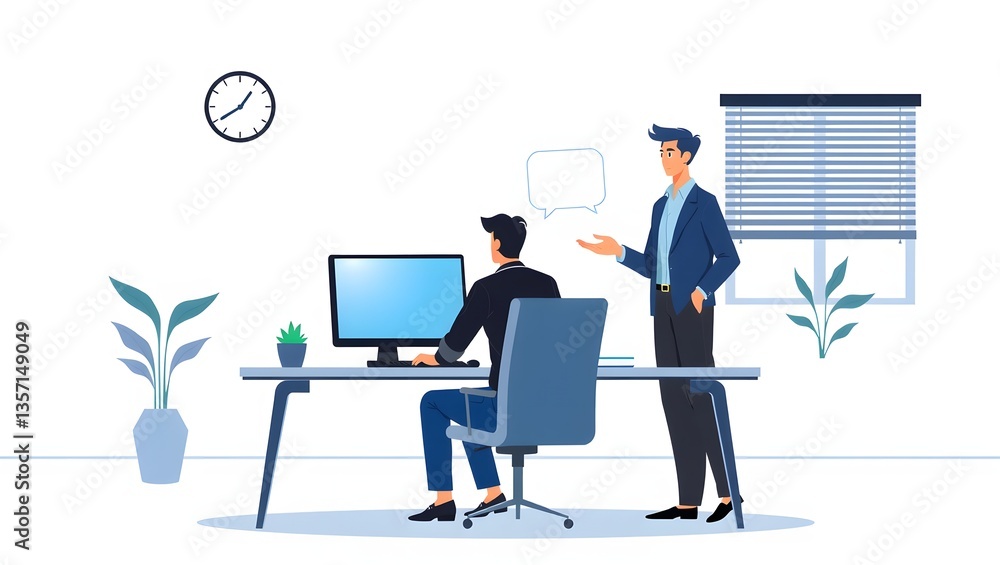 Fototapeta premium Minimalist workspace with colleagues discussing ideas in sleek professional setting