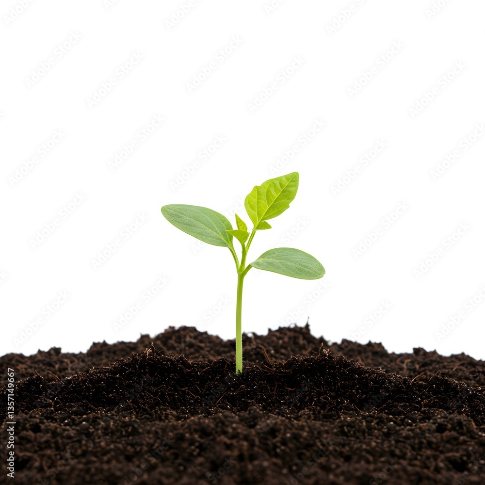 Small green seedling sprouting from soil on white background Small green seedling sprouting from soil on white background