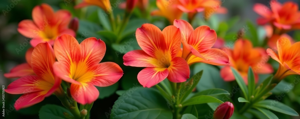 Vibrant red, yellow, pink flowers in bloom with green leaves, vibrant, floral Vibrant red, yellow, pink flowers in bloom with green leaves, vibrant, floral