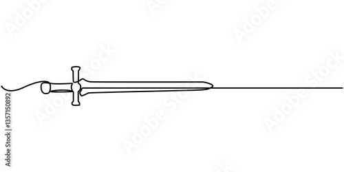 Continuous line drawing of sword, doodle icon design, object one line, single line art, vector illustration, Hand holding sword continuous line art drawing. Hand-drawn sword outline vector isolated. 