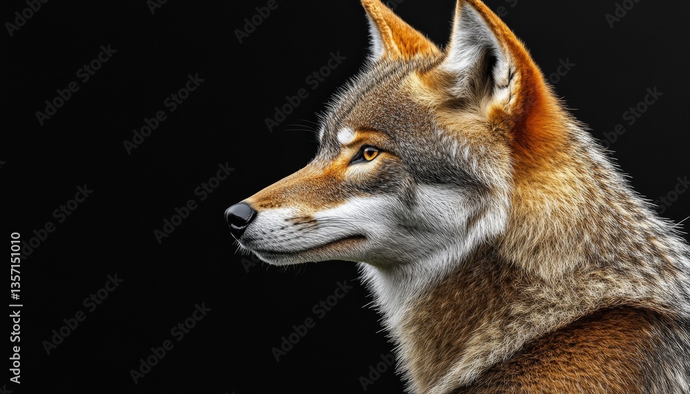 Fototapeta premium Majestic Coyote with Piercing Gaze, Powerful Profile on Black Background, Wildlife Portrait