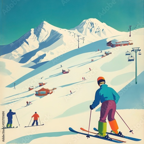 Skiers on Snowy Mountain Slope Winter Sports Illustration