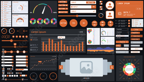 A dark set of interface elements for web and mobile applications with modern icons, buttons, and graphs, ideal for business analytics, finance, and data management.