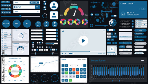 A dark set of interface elements for web and mobile applications with modern icons, buttons, and graphs, ideal for business analytics, finance, and data management.