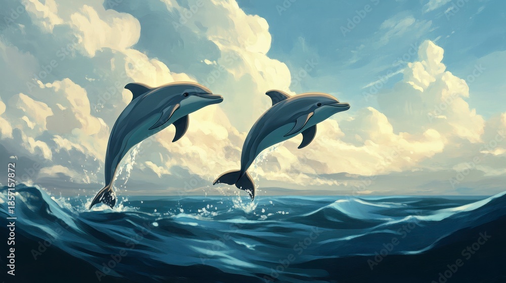 Fototapeta premium Two Marine Mammals Leaping in Azure Water Under a Cloudy Sky and Sunbeams. Various Hues and Shades of Color. Landscape of nature. Artwork. Illustration. Painting. Picture. Image. Graphic. Design