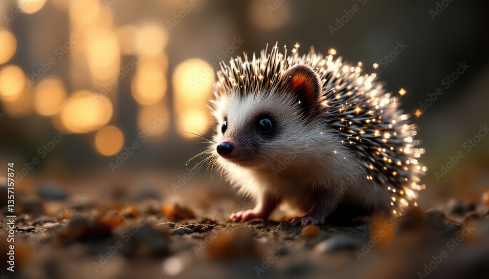 A small hedgehog with glowing sparks in a natural environment A small hedgehog with glowing sparks in a natural environment