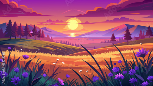 Beautiful panoramic natural landscape with a beautiful bright textured sunset over a field of purple wild grass and flowers. Selective focusing 