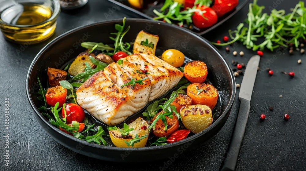 Fresh Grilled Salmon with Vegetables and Herbs on Dark Plate Fresh Grilled Salmon with Vegetables and Herbs on Dark Plate
