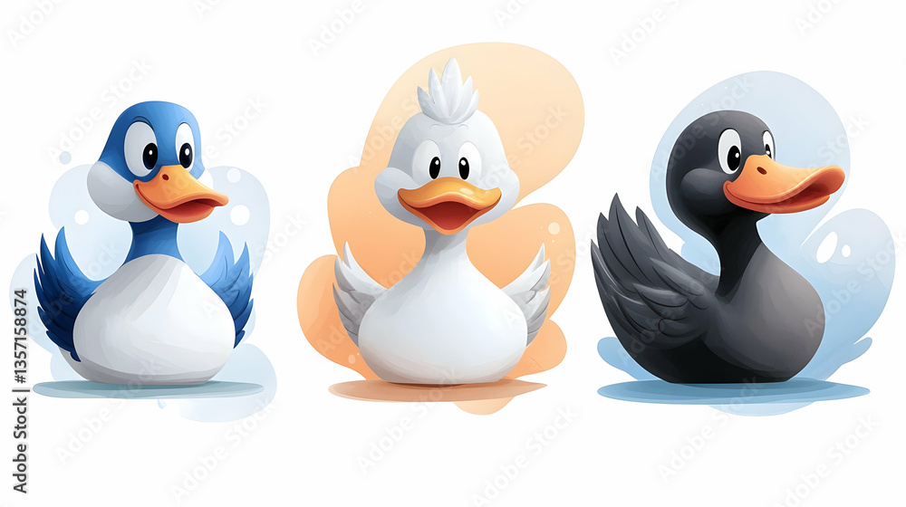 Fototapeta premium Three Cute Cartoon Ducks in Blue White and Black Watercolor Style