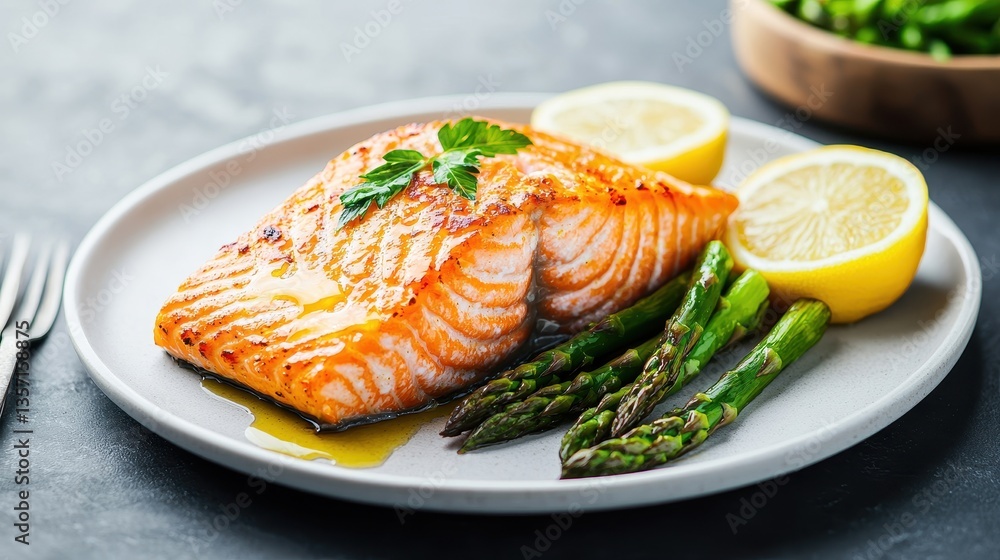 Grilled salmon with lemon and asparagus on a plate Grilled salmon with lemon and asparagus on a plate