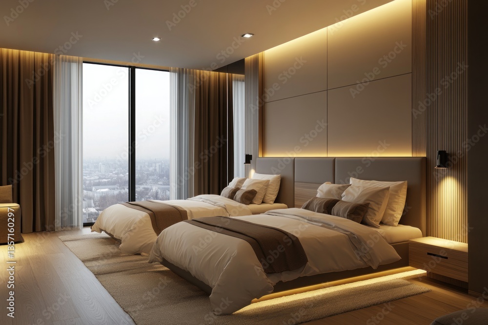 An aesthetically designed modern bedroom with two comfortable beds An aesthetically designed modern bedroom with two comfortable beds