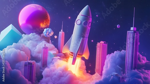 Rocket's Ascent: A dynamic and colorful illustration of a rocket soaring above a cityscape, breaking through fluffy clouds and embarking on a journey.