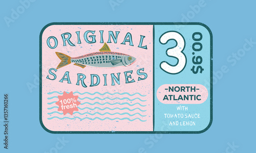 Canned fish artwork. Fish vintage artwork. Sardines fish artwork for t shirt print, poster, sticker and other uses. Seafood t shirt design. Original sea food.
