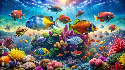 Double Exposure: Underwater World - Diverse Fish Species in Vibrant Coral Reefs