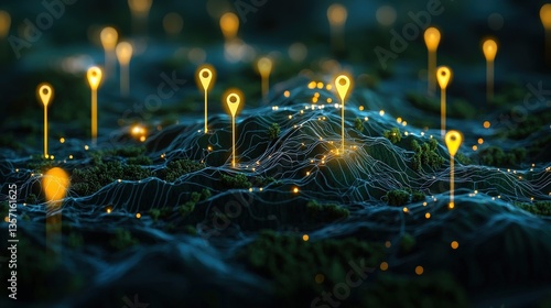 A conceptual design of an urban-rural hybrid zone marked by glowing location pins