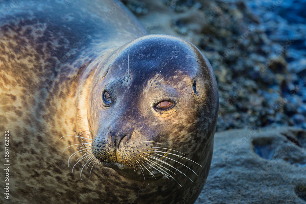Naklejka premium 2025-03-22 CLOSE UP OF A LARGE SEAL RESTING IN THE LA JOLLA COVE WITH NICE INTENSE EYES NEAR SAN DIEGO CALIFORNIA