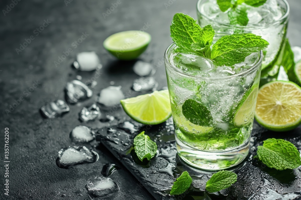 Fototapeta premium A refreshing cocktail with mint and lime, served in a glass, surrounded by ice and lime wedges on a dark slate surface.