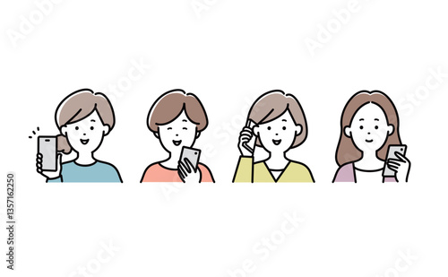 スマホを操作する若い女性のベクターイラストセット
