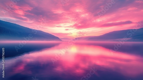 Pink Sunset over Serene Lake and Mountains