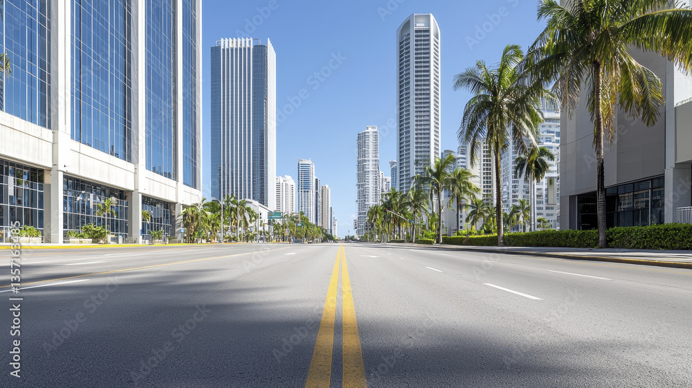 Empty city street with towering glass buildings and palm trees Empty city street with towering glass buildings and palm trees