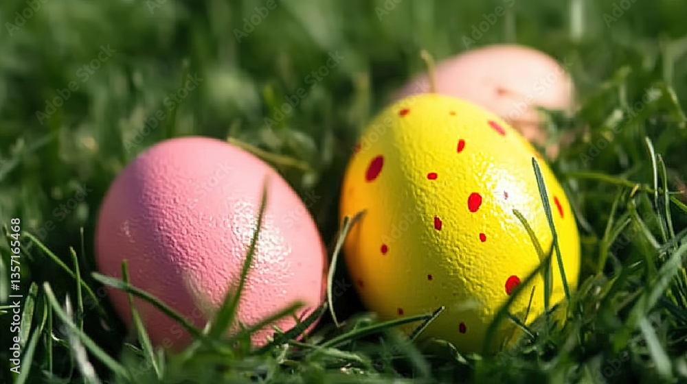 Fototapeta premium Pastel Yellow and Pink Easter Eggs Scattered in Lush Grassland, Highlighting a Yellow Egg with Red Speckles on Right Position, Detailed Spring Theme for Digital Wallpaper, Party Invitations or Childre