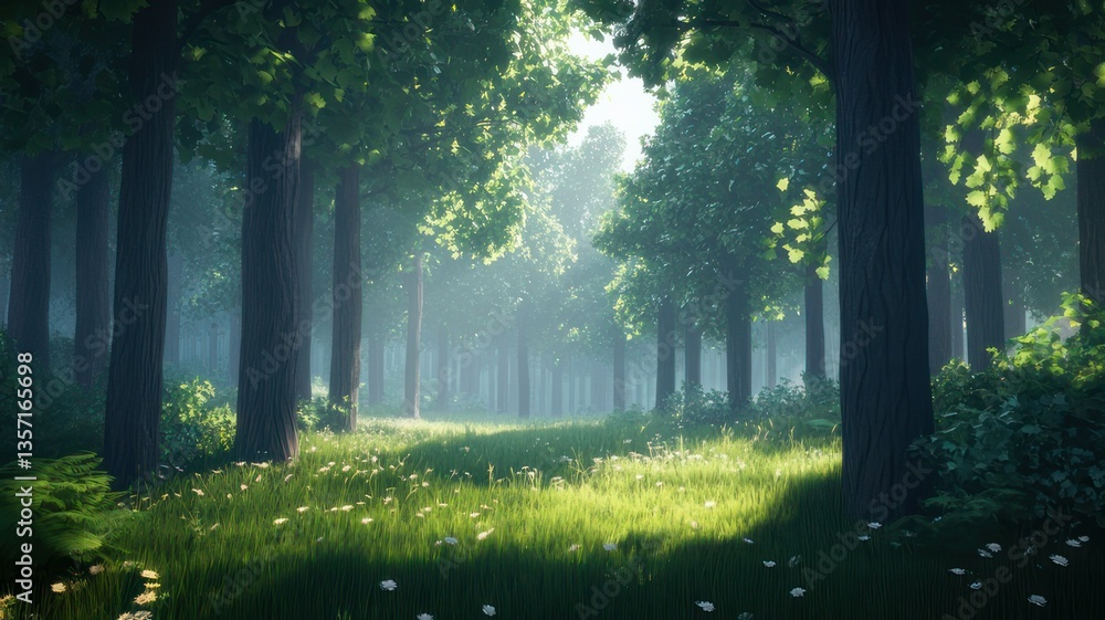 Obraz premium Serene Forest Pathway Surrounded by Lush Green Trees and Light