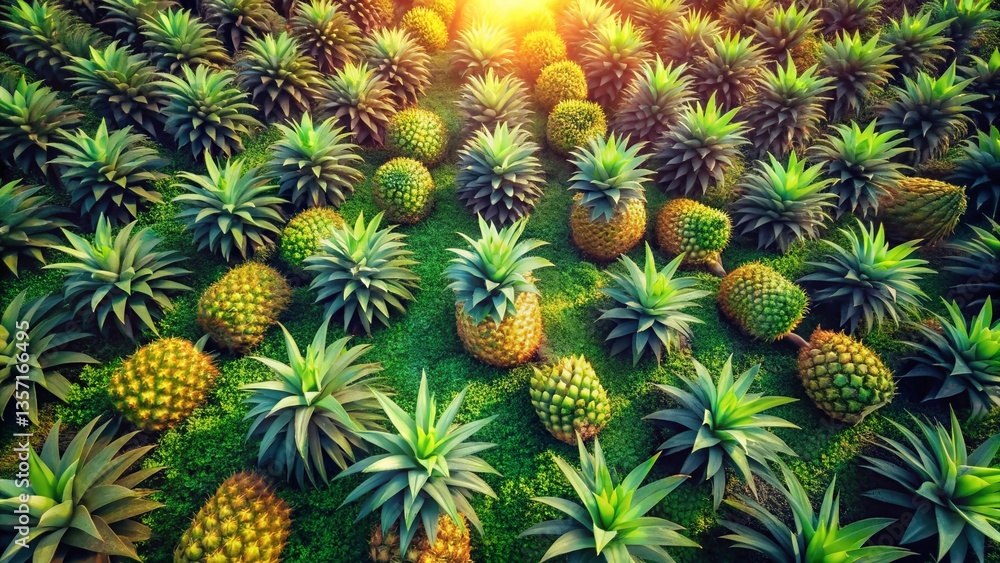 Fototapeta premium Aerial View Watercolor Pineapple Field, Tropical Fruit Plantation, Overhead Shot