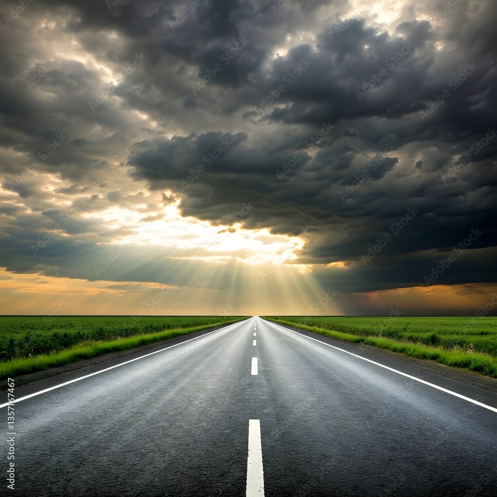Naklejka premium A road with golden sunlight breaking through storm clouds after heavy rain, Ai Generated