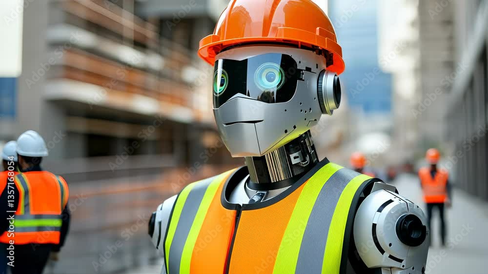 Robots work alongside humans at a construction site in a modern urban environment