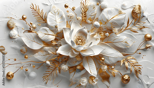 Luxurious Three-Dimensional Floral Arrangement in White and Gold