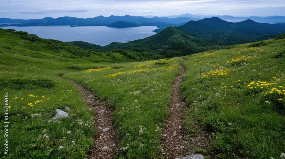 Mountain trails diverge near a lake, with wildflowers dotting the grassy slopes Mountain trails diverge near a lake, with wildflowers dotting the grassy slopes