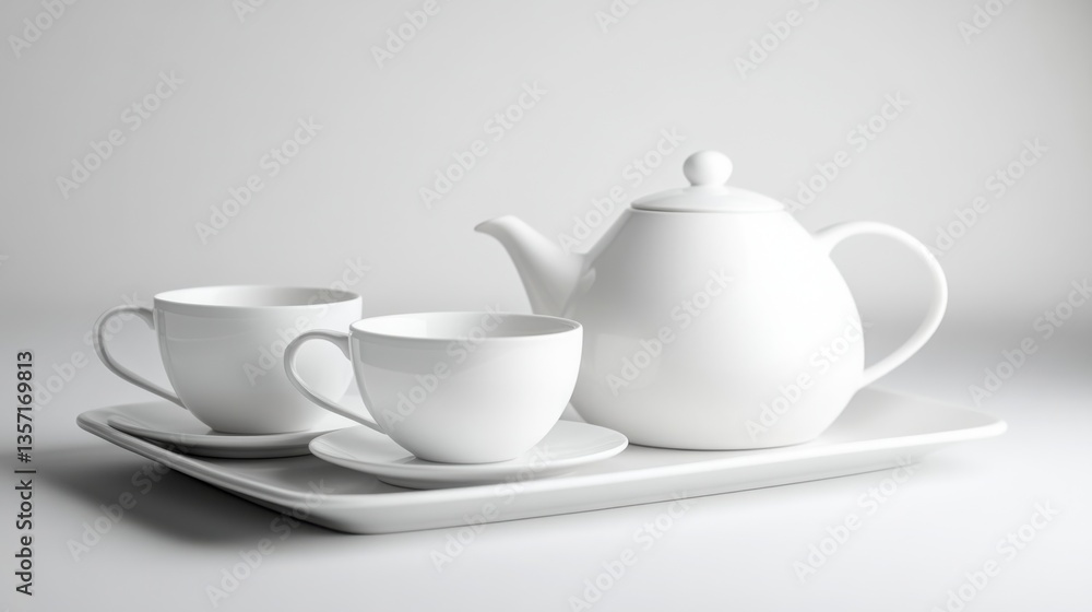 White Porcelain Tea Set on Tray Minimalist Still Life Photography White Porcelain Tea Set on Tray Minimalist Still Life Photography