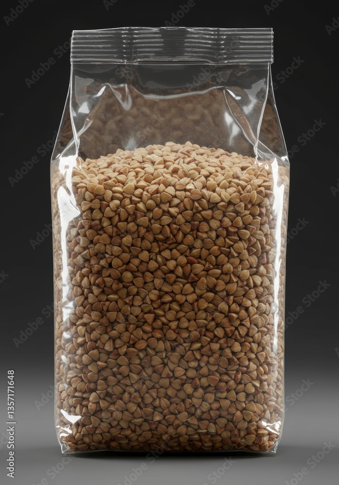 Buckwheat Grain in Clear Plastic Bag Isolated on Gray Background Buckwheat Grain in Clear Plastic Bag Isolated on Gray Background