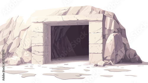 Illustration of a cave entrance carved into a light-colored rock formation. The entrance is rectangular with a shadowed interior suggesting depth. The rocks are rendered with shading to indicate